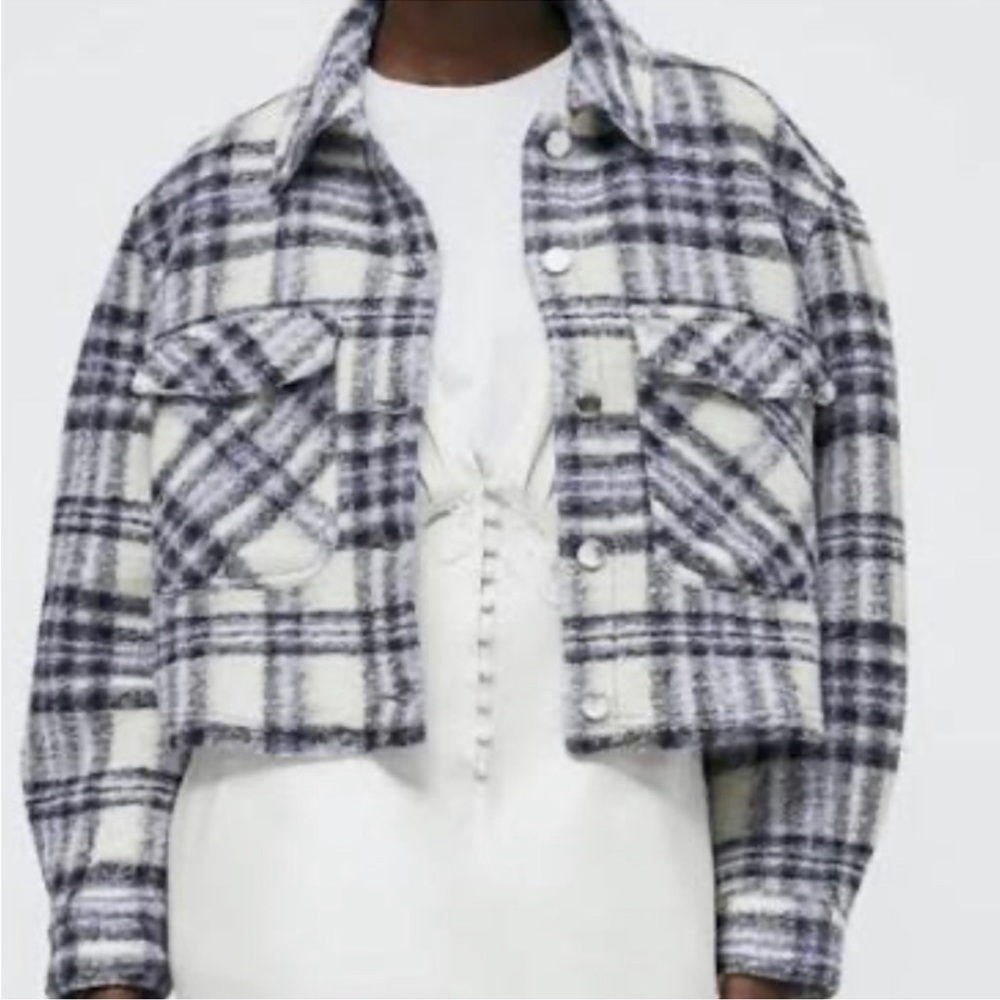 Zara blue and cream crop plaid jacket